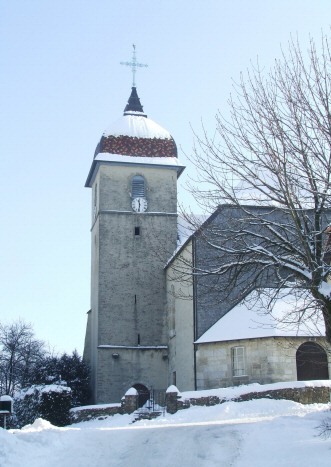 Eglise de Dambelin sous la neige, photo M. Taland
